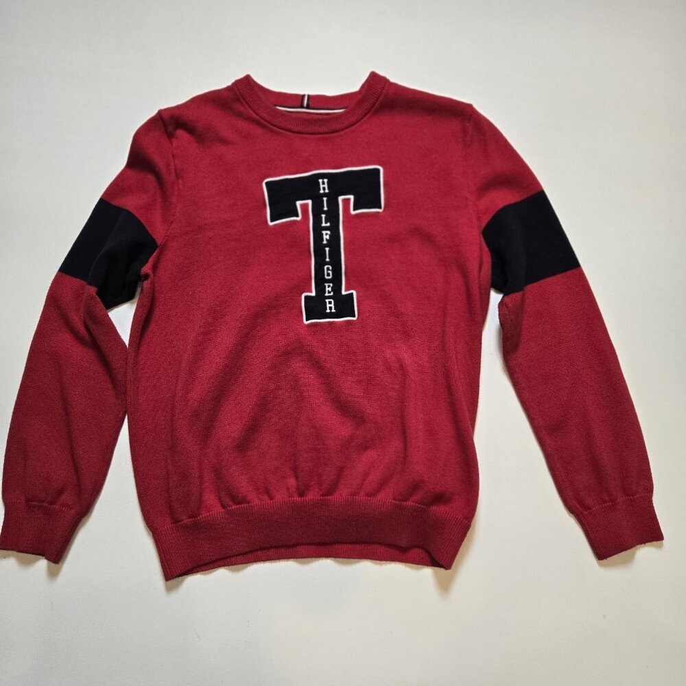 Tommy Hilfiger Mens Red Pullover Sweater Big T Logo Medium Y2K Collegiate Red Bl